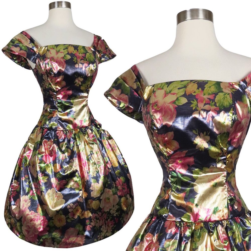 Vintage 80s 90s Shiny Metallic Floral Full Skirt Cocktail Party Prom Dress XS